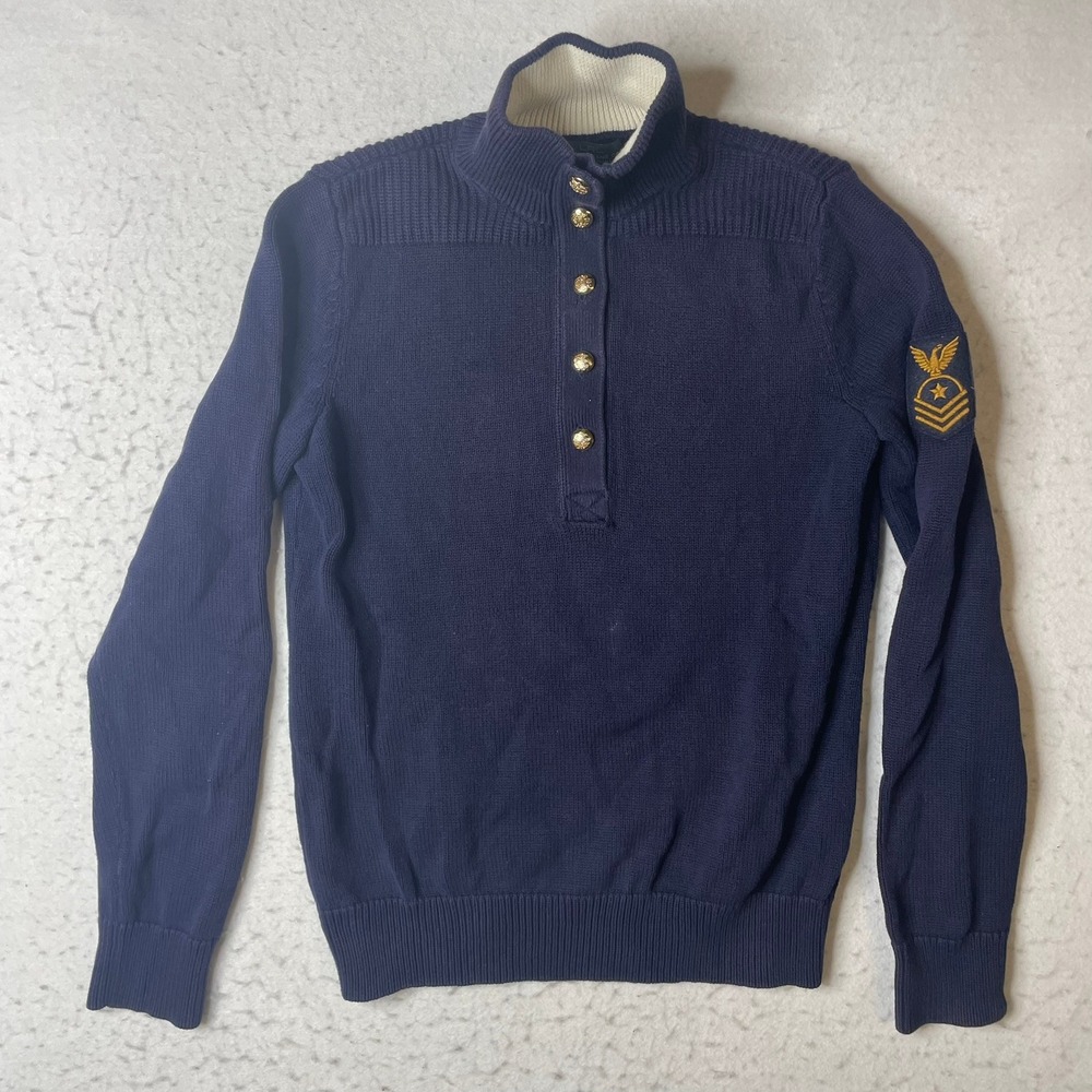 Lauren Ralph Lauren Sweater Womens Medium Blue Military Mock Neck Crest Button